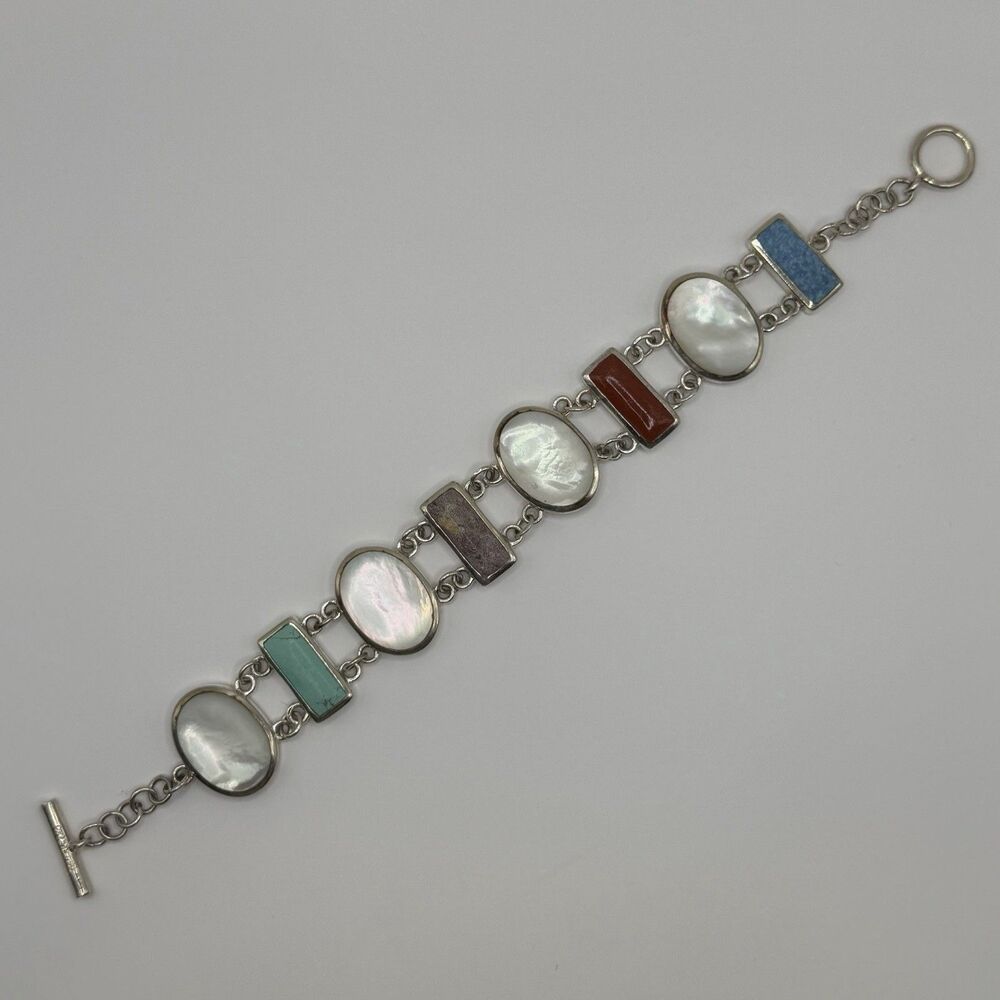 925 Sterling Silver Mother of Pearl Multi Stone Toggle Bracelet 7.5in
